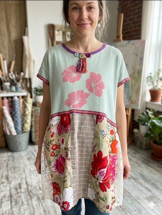 Hand Crafted Tops - Handcrafted Floral and Hibiscus Upcycled Tunic Top Size Large